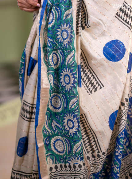 Semi chanderi saree cream and green with allover zari weaves & geometric block prints and long printed border