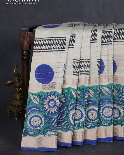 Semi chanderi saree cream and green with allover zari weaves & geometric block prints and long printed border