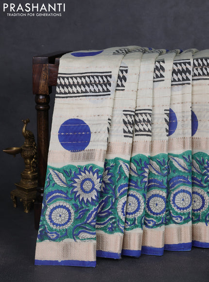 Semi chanderi saree cream and green with allover zari weaves & geometric block prints and long printed border