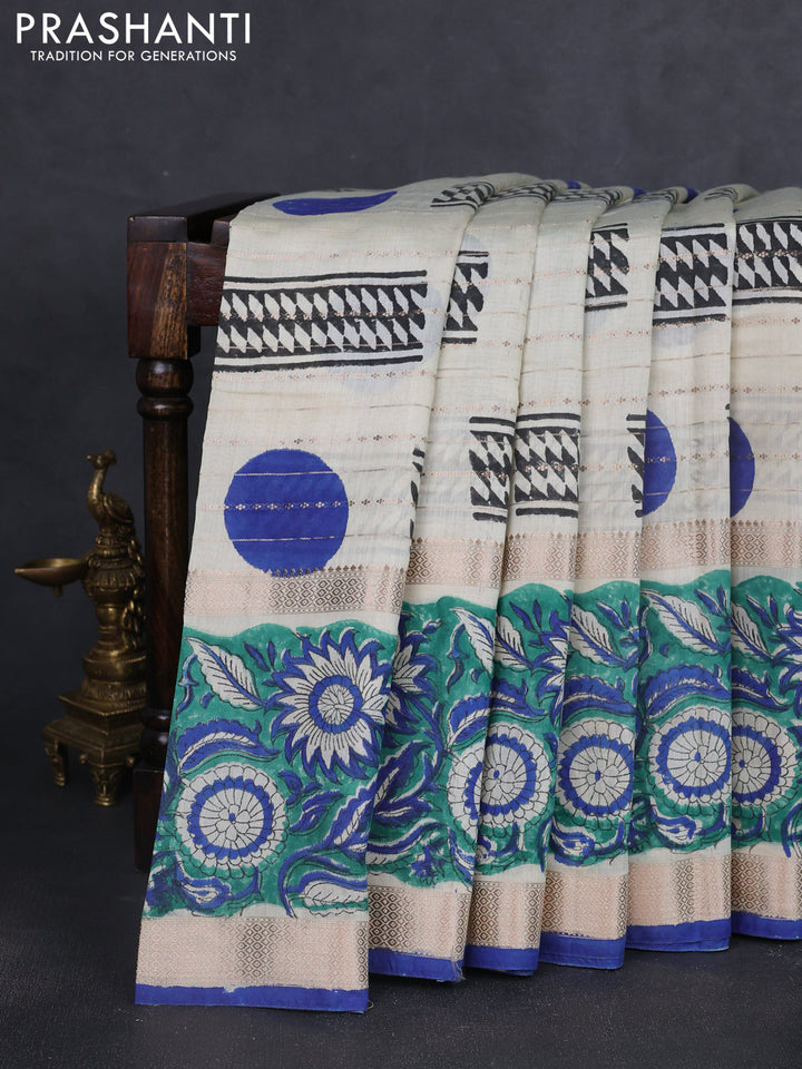 Semi chanderi saree cream and green with allover zari weaves & geometric block prints and long printed border