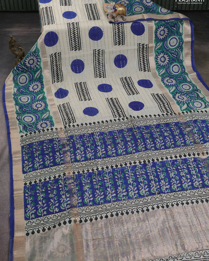 Semi chanderi saree cream and green with allover zari weaves & geometric block prints and long printed border