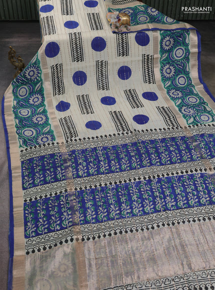 Semi chanderi saree cream and green with allover zari weaves & geometric block prints and long printed border