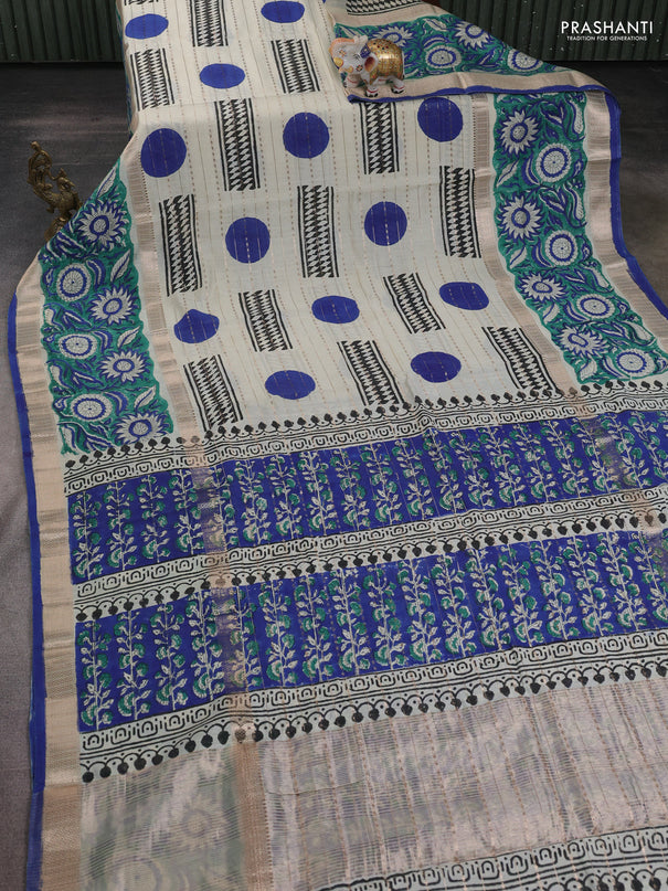 Semi chanderi saree cream and green with allover zari weaves & geometric block prints and long printed border