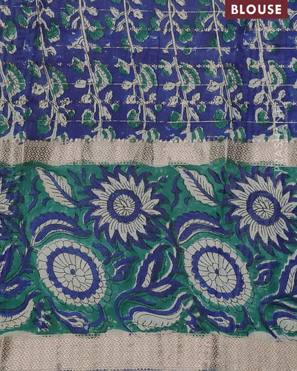 Semi chanderi saree cream and green with allover zari weaves & geometric block prints and long printed border