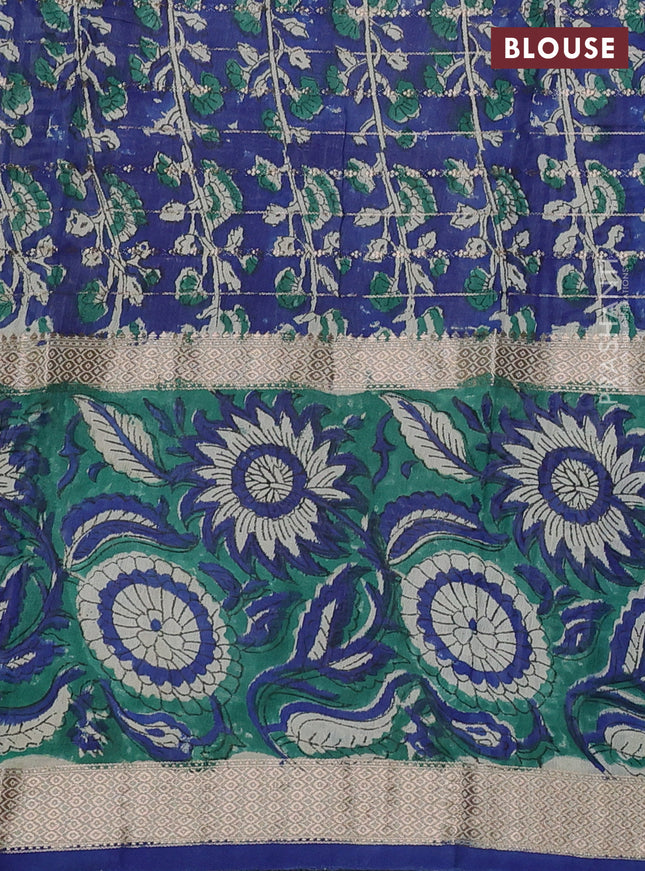 Semi chanderi saree cream and green with allover zari weaves & geometric block prints and long printed border