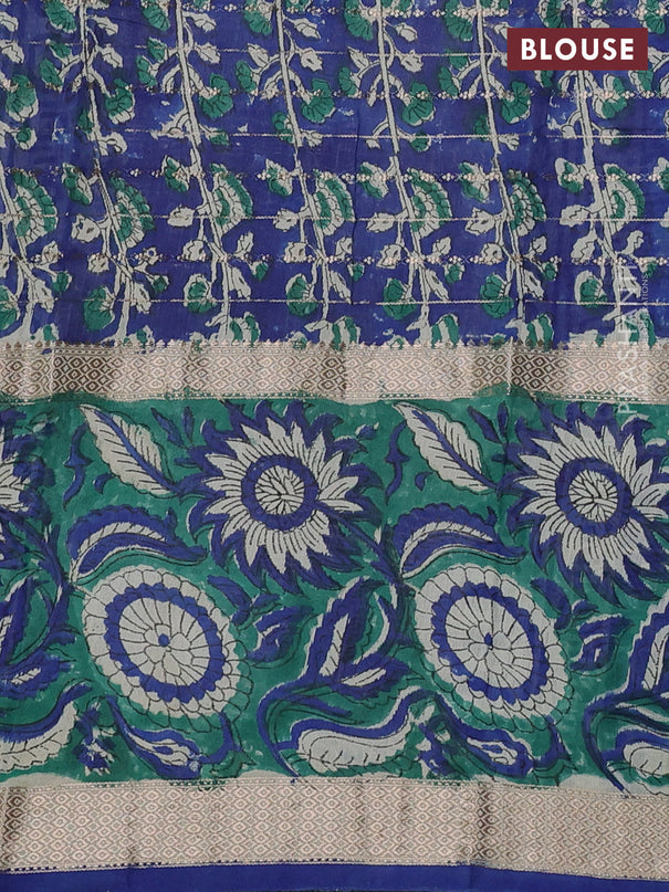 Semi chanderi saree cream and green with allover zari weaves & geometric block prints and long printed border