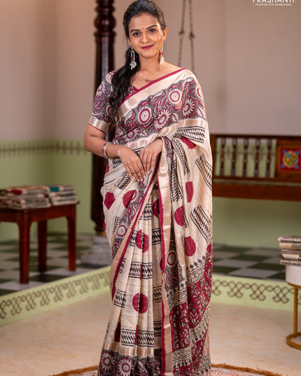 Semi chanderi saree cream and grey with allover zari weaves & geometric block prints and long printed border