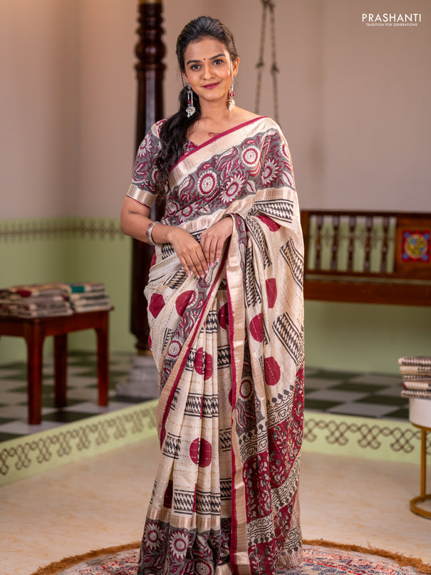Semi chanderi saree cream and grey with allover zari weaves & geometric block prints and long printed border