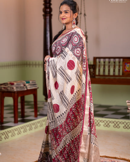 Semi chanderi saree cream and grey with allover zari weaves & geometric block prints and long printed border