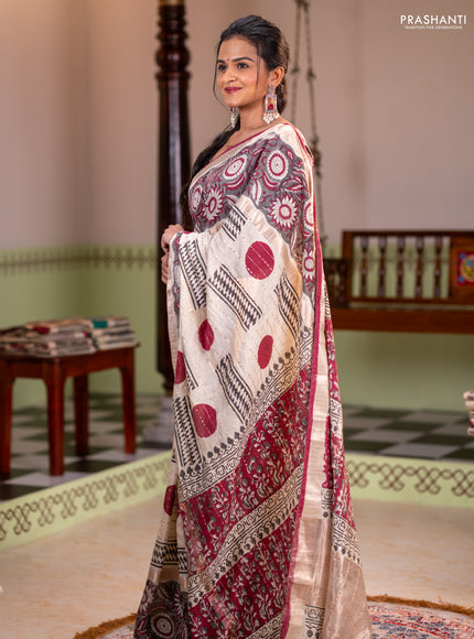 Semi chanderi saree cream and grey with allover zari weaves & geometric block prints and long printed border