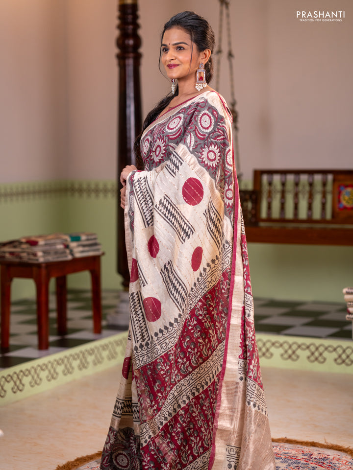Semi chanderi saree cream and grey with allover zari weaves & geometric block prints and long printed border