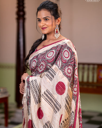 Semi chanderi saree cream and grey with allover zari weaves & geometric block prints and long printed border