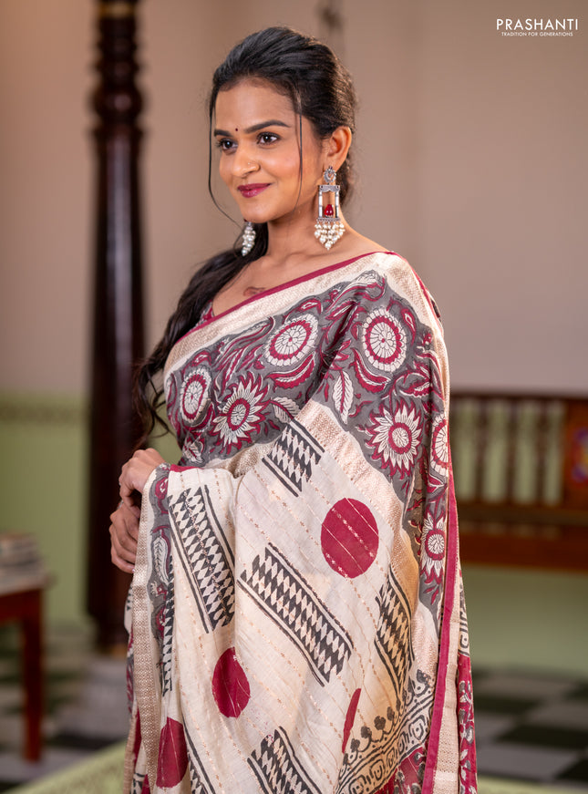 Semi chanderi saree cream and grey with allover zari weaves & geometric block prints and long printed border