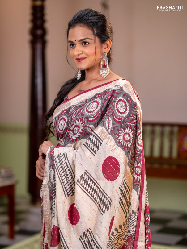 Semi chanderi saree cream and grey with allover zari weaves & geometric block prints and long printed border