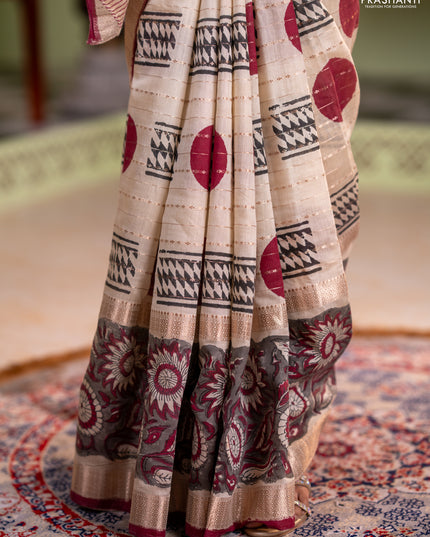 Semi chanderi saree cream and grey with allover zari weaves & geometric block prints and long printed border