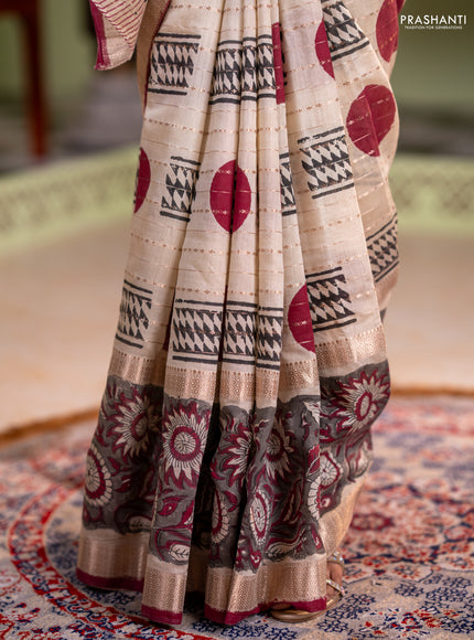 Semi chanderi saree cream and grey with allover zari weaves & geometric block prints and long printed border