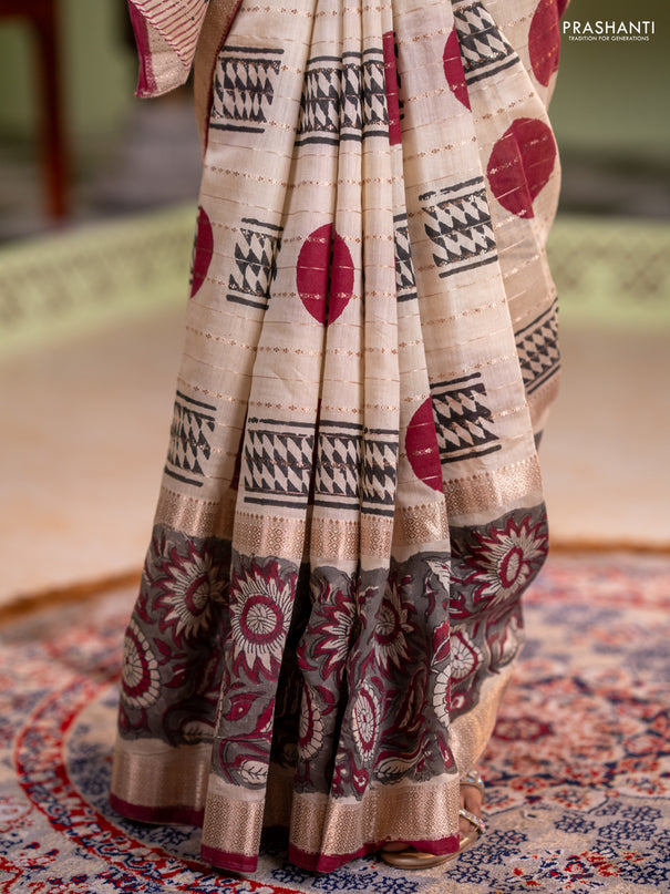Semi chanderi saree cream and grey with allover zari weaves & geometric block prints and long printed border