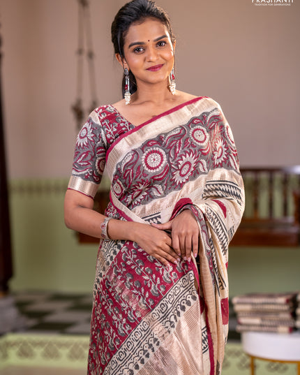 Semi chanderi saree cream and grey with allover zari weaves & geometric block prints and long printed border