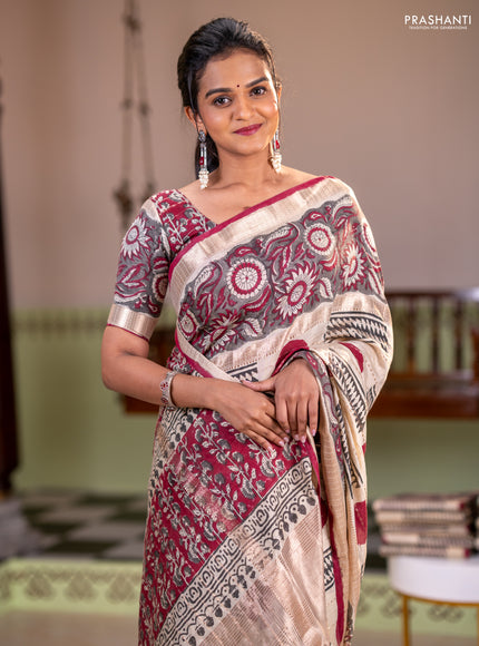 Semi chanderi saree cream and grey with allover zari weaves & geometric block prints and long printed border