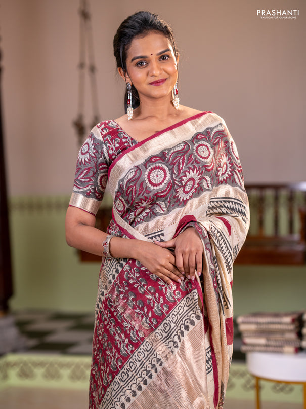 Semi chanderi saree cream and grey with allover zari weaves & geometric block prints and long printed border