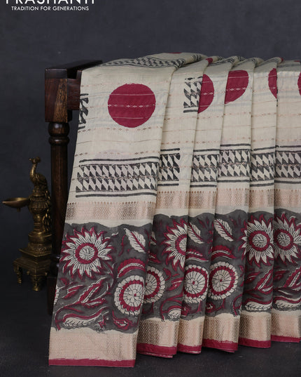 Semi chanderi saree cream and grey with allover zari weaves & geometric block prints and long printed border