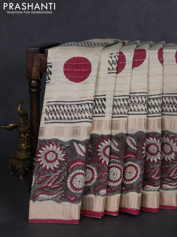 Semi chanderi saree cream and grey with allover zari weaves & geometric block prints and long printed border