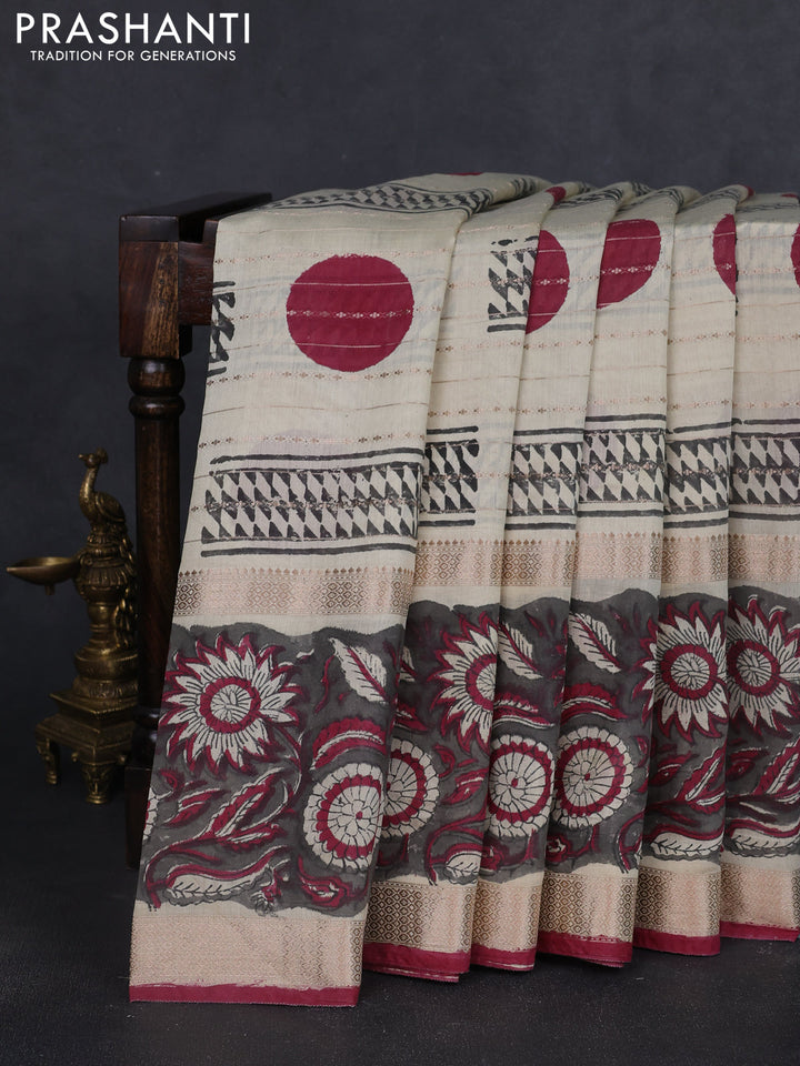 Semi chanderi saree cream and grey with allover zari weaves & geometric block prints and long printed border