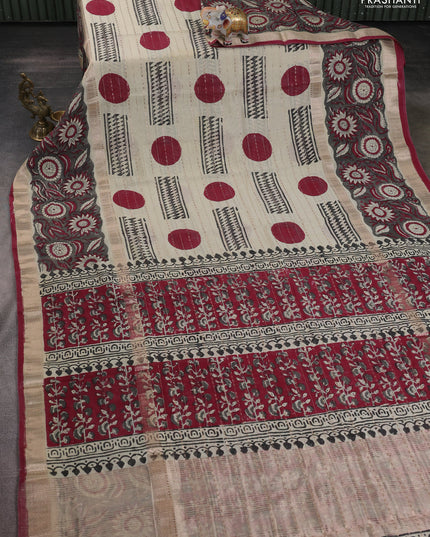 Semi chanderi saree cream and grey with allover zari weaves & geometric block prints and long printed border