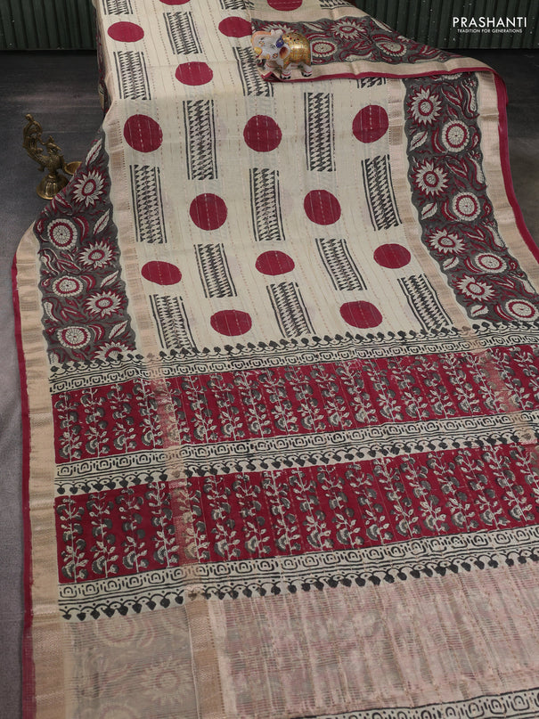 Semi chanderi saree cream and grey with allover zari weaves & geometric block prints and long printed border