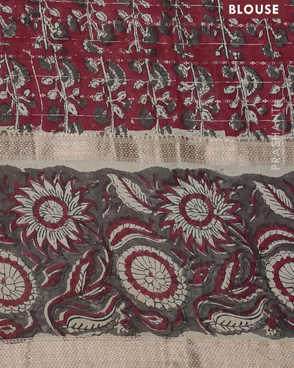 Semi chanderi saree cream and grey with allover zari weaves & geometric block prints and long printed border
