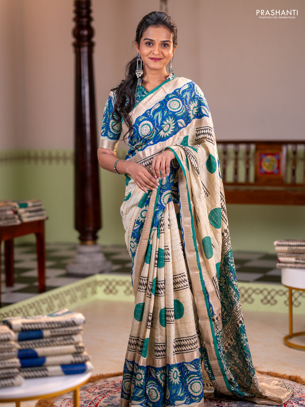 Semi chanderi saree cream and blue with allover zari weaves & geometric block prints and long printed border