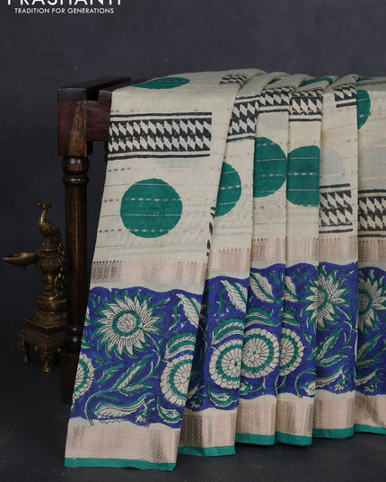 Semi chanderi saree cream and blue with allover zari weaves & geometric block prints and long printed border
