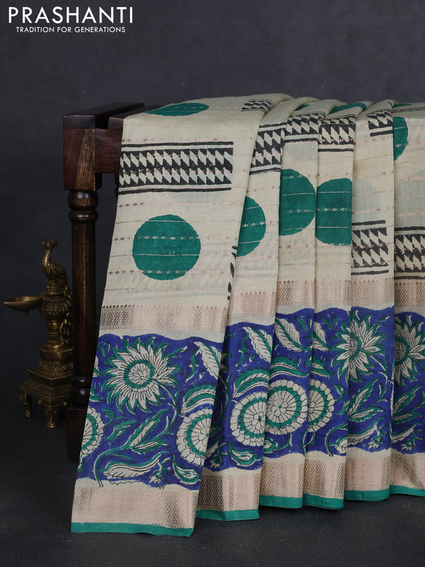 Semi chanderi saree cream and blue with allover zari weaves & geometric block prints and long printed border