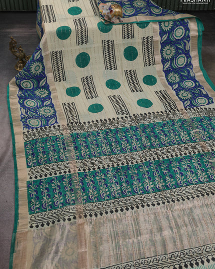 Semi chanderi saree cream and blue with allover zari weaves & geometric block prints and long printed border