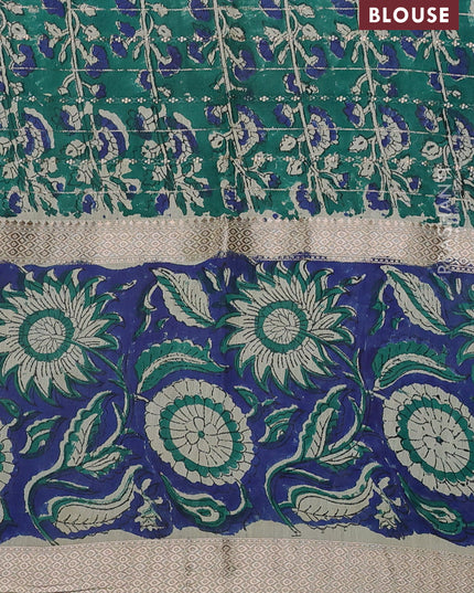 Semi chanderi saree cream and blue with allover zari weaves & geometric block prints and long printed border