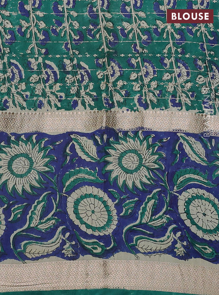 Semi chanderi saree cream and blue with allover zari weaves & geometric block prints and long printed border