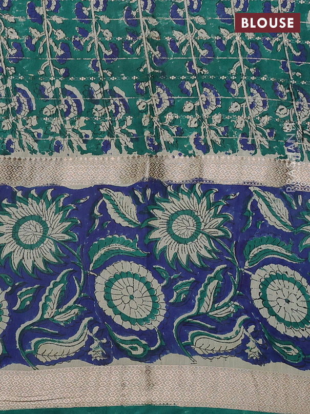 Semi chanderi saree cream and blue with allover zari weaves & geometric block prints and long printed border