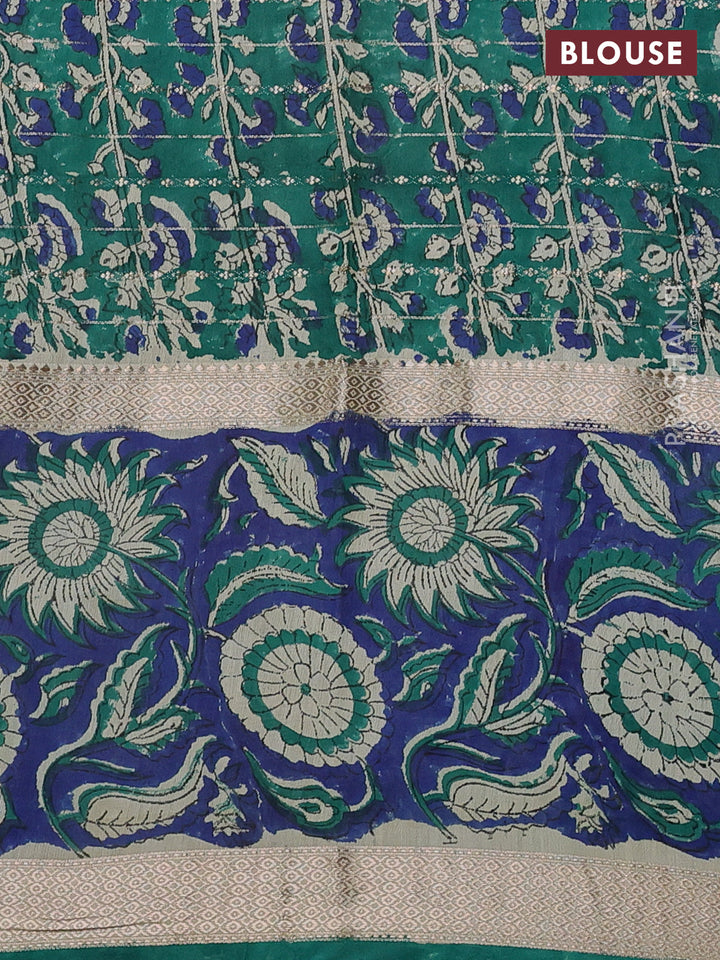 Semi chanderi saree cream and blue with allover zari weaves & geometric block prints and long printed border