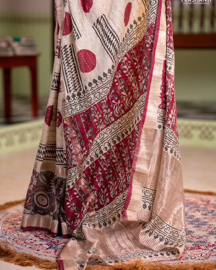 Semi chanderi saree cream and grey with allover zari weaves & geometric block prints and long printed border