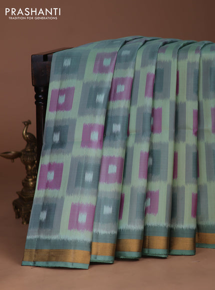 Ikat soft silk saree pastel green with allover ikat weaves and zari woven border