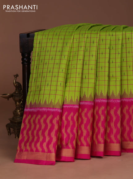 Ikat soft silk saree lime green and pink with allover checks & ikat butta weaves and long temple ikat woven zari border