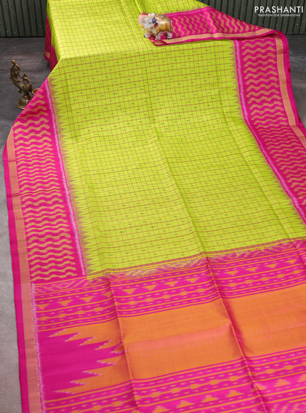 Ikat soft silk saree lime green and pink with allover checks & ikat butta weaves and long temple ikat woven zari border