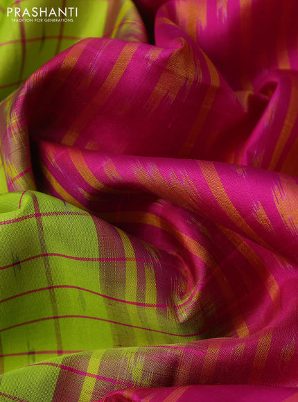 Ikat soft silk saree lime green and pink with allover checks & ikat butta weaves and long temple ikat woven zari border