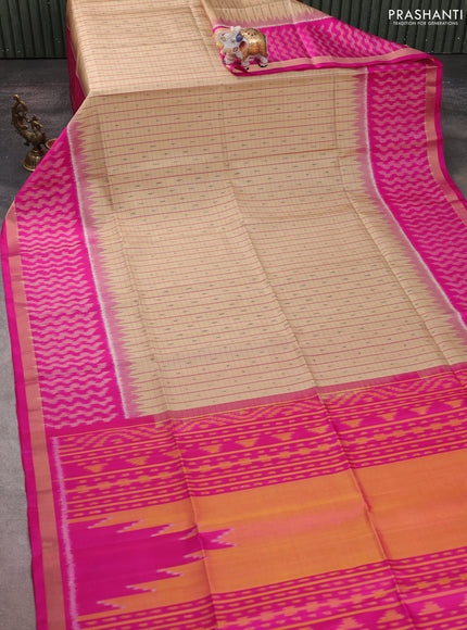 Ikat soft silk saree beige and pink with allover checks & ikat butta weaves and long temple ikat woven zari border