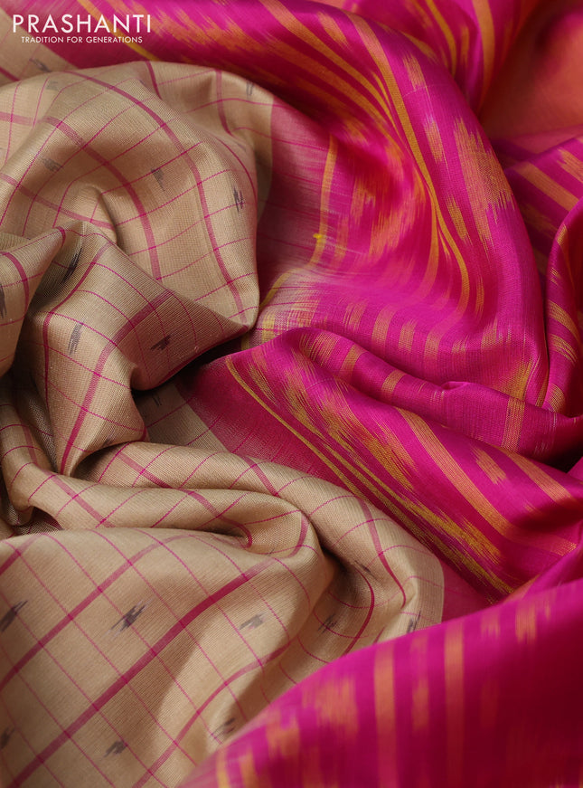 Ikat soft silk saree beige and pink with allover checks & ikat butta weaves and long temple ikat woven zari border