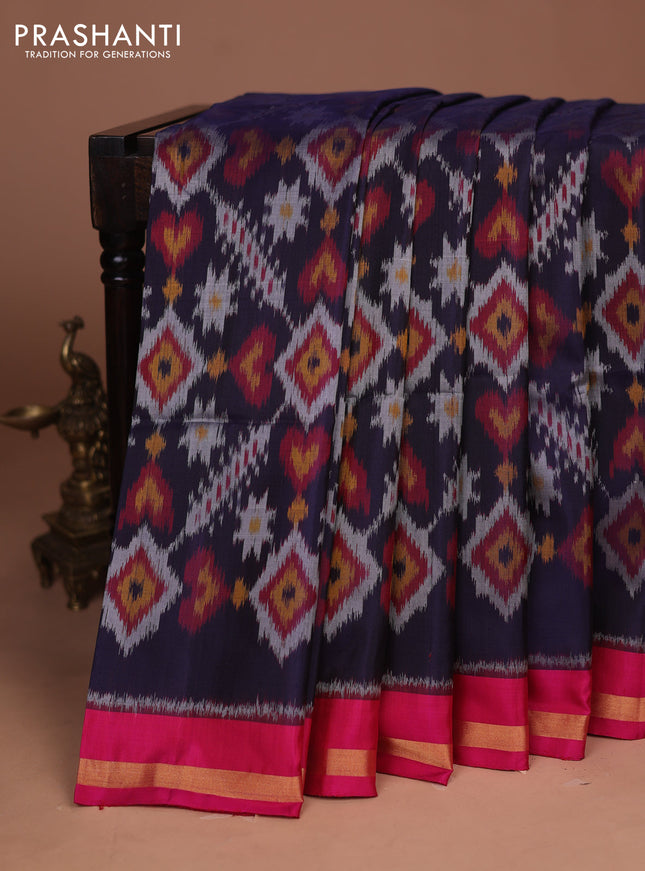Ikat soft silk saree navy blue and pink with allover ikat weaves and zari woven border