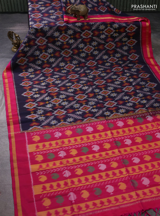 Ikat soft silk saree navy blue and pink with allover ikat weaves and zari woven border