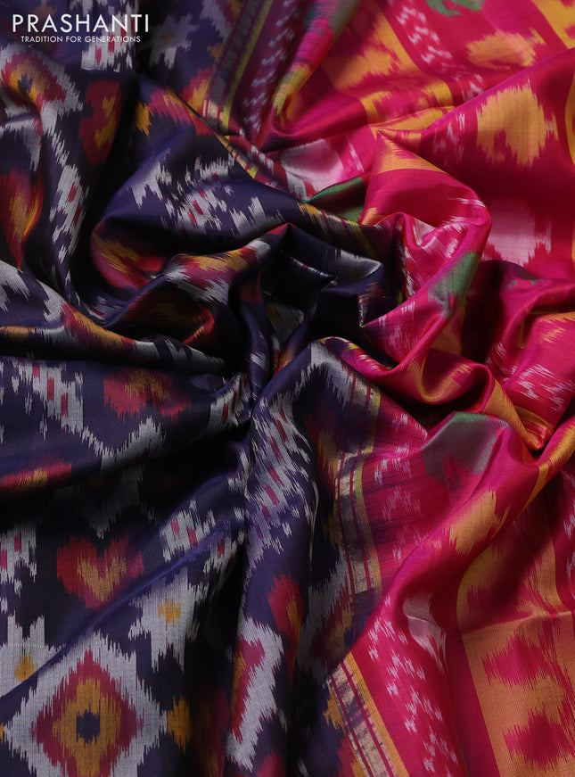 Ikat soft silk saree navy blue and pink with allover ikat weaves and zari woven border