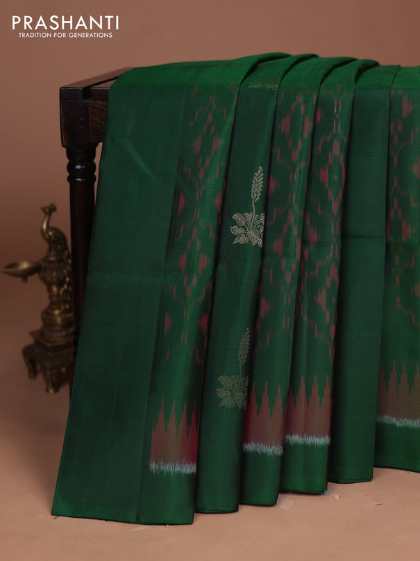 Ikat soft silk saree green and red with allover ikat weaves & buttas and temple design simple border