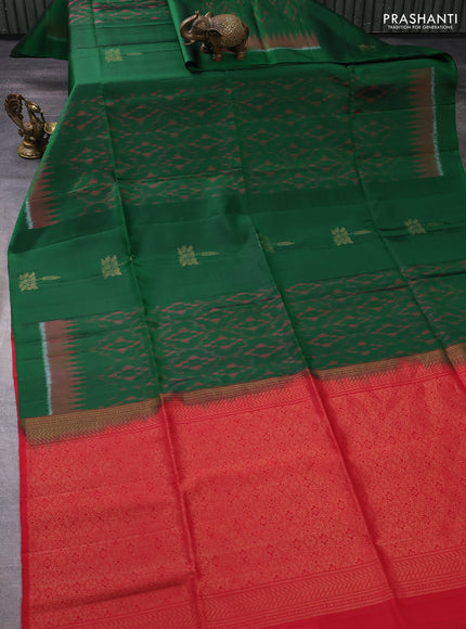 Ikat soft silk saree green and red with allover ikat weaves & buttas and temple design simple border